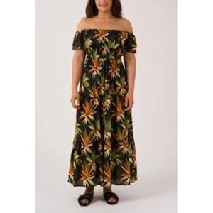 NWT Vanessa Alexandra Linen Dress Off Shoulder Tropical Floral Black Size S